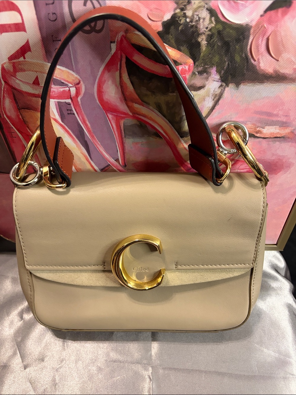 Chloé Cream Leather Top-Handle Shoulder Bag with Gold 'C' Clasp